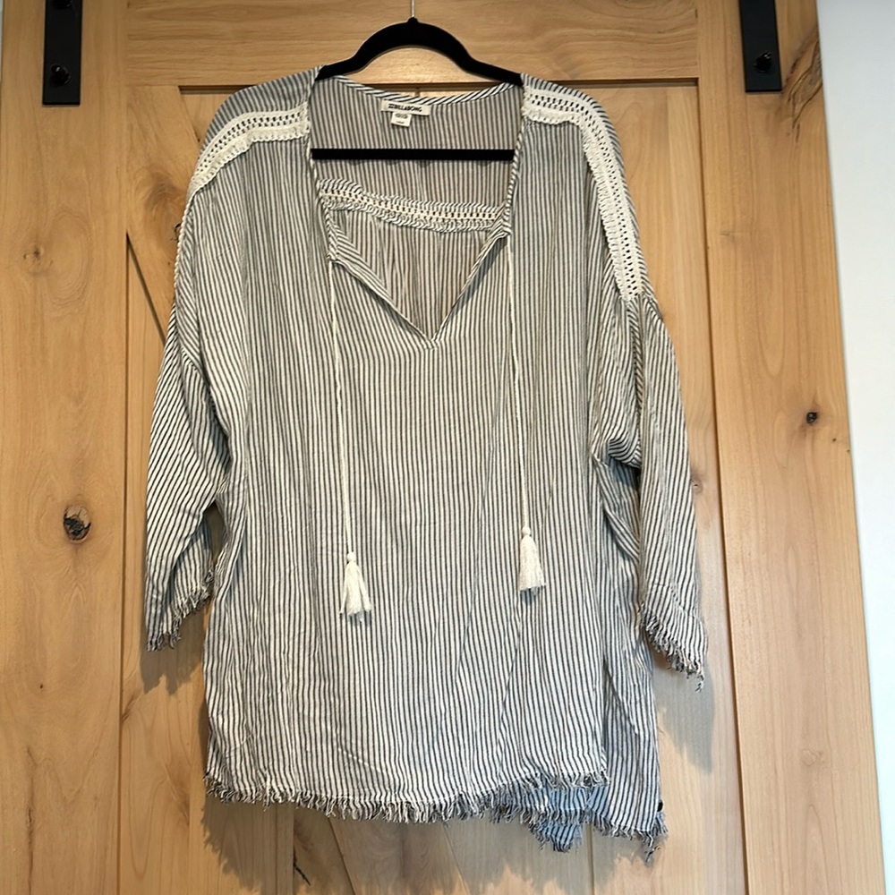 Billabong Striped Boho Distressed Oversized Swim Coverup Top
